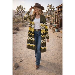 Scoop Aztec Western Open Front Cardigan Duster w/ Pockets Size 8/10 Like New